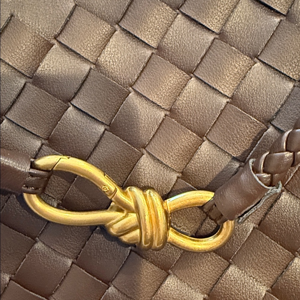 Brown Woven Leather Tote with Gold Accent - Picture 7 of 7